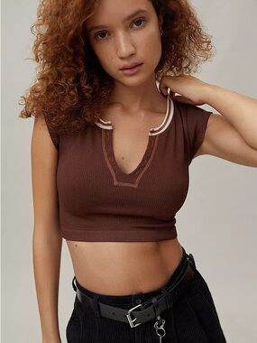 Out From Under Urban Outfitters Ribbed Cropped Polo Top XS Brown